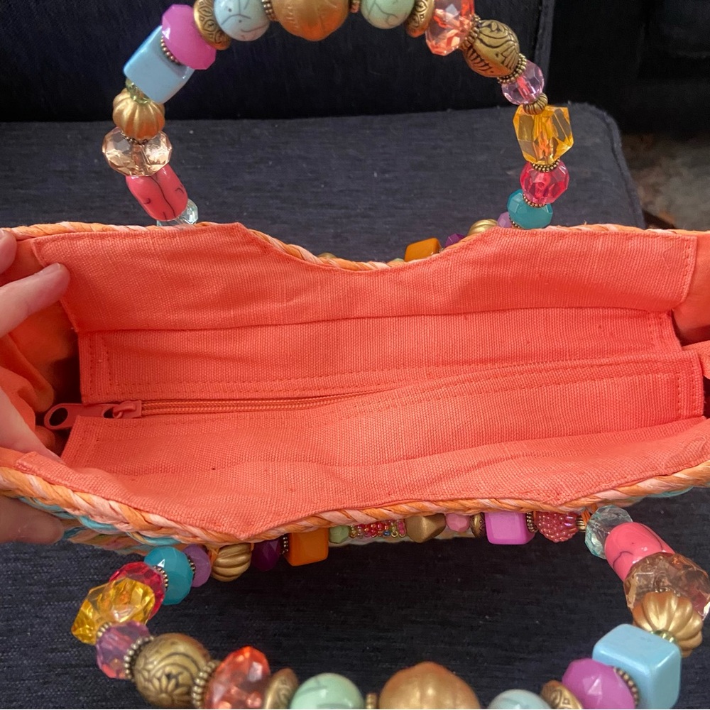 Capelli of New York Multicolor Straw Woven Clutch with Beaded Handle - Picture 10 of 12